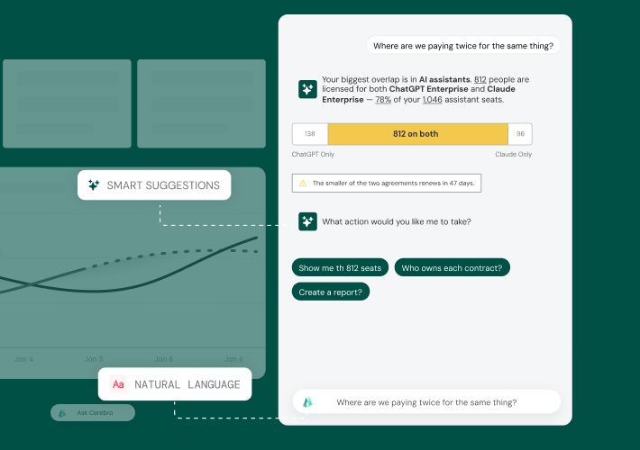 Cerebro connects your contracts, usage, and org context – so you can ask questions, model scenarios, and see where tech investments are creating value.